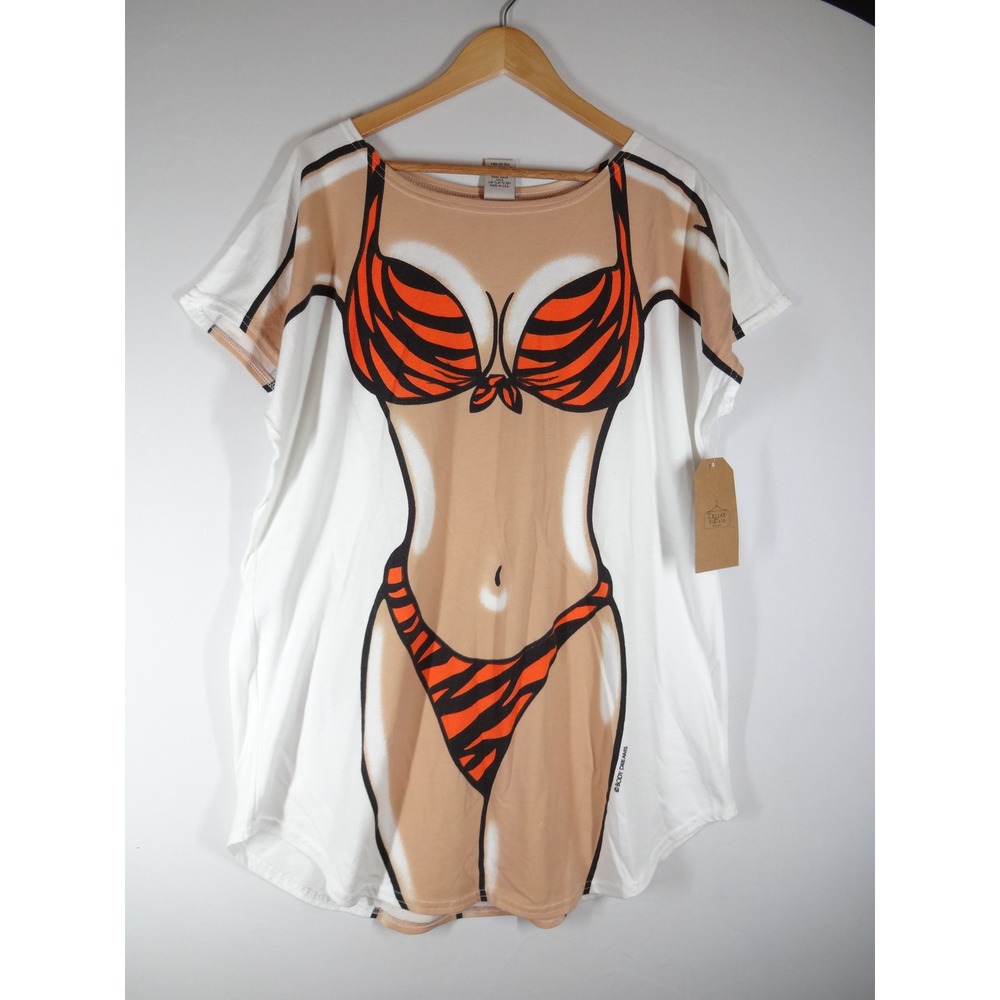 VTG Body Dreams Beach Coverup Women OS White Tiger Bikini Trompe Loeil Kitschy